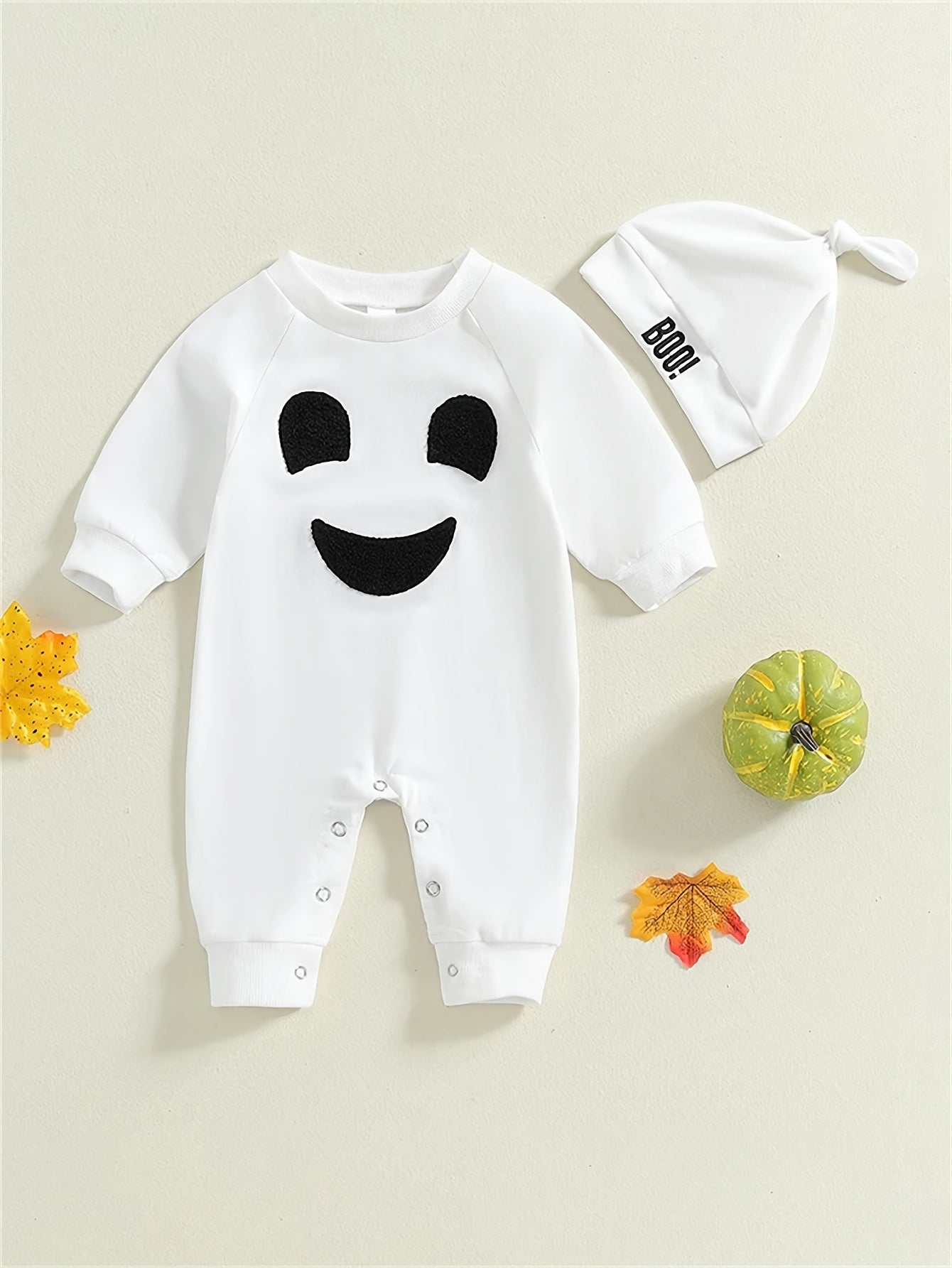 🎃 Boys' Halloween Bodysuit & Hat Set – Embroidered Long Sleeve Romper for Newborns