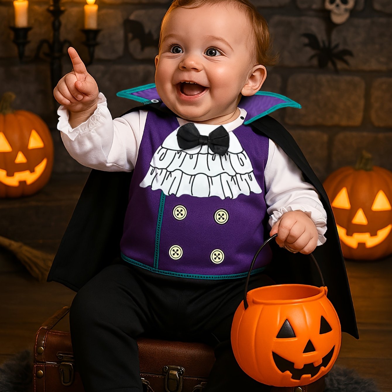 🍼 Baby Boy Halloween Romper Set – Gentleman Bodysuit & Cape