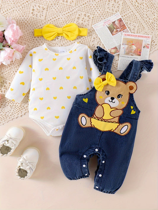 Baby Girl Two-Piece Outfit – Bear Romper & Denim Strap Pants, 0-18 Months