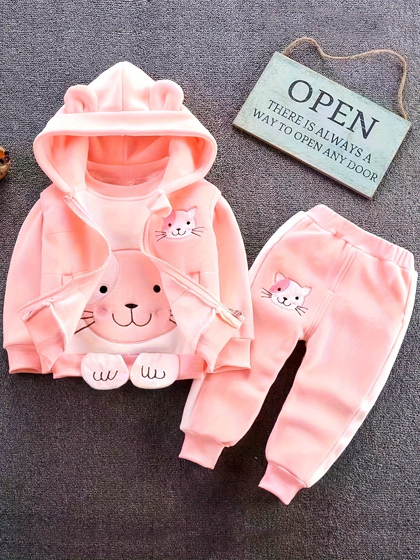 🐱 3pcs Cozy Cat Hoodie Set – Winter Outfit for Girls