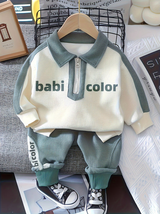 Boys’ Two-Piece Long Sleeve Set – Lapel Letter Print Outfit for Spring/Autumn Outdoor Wear
