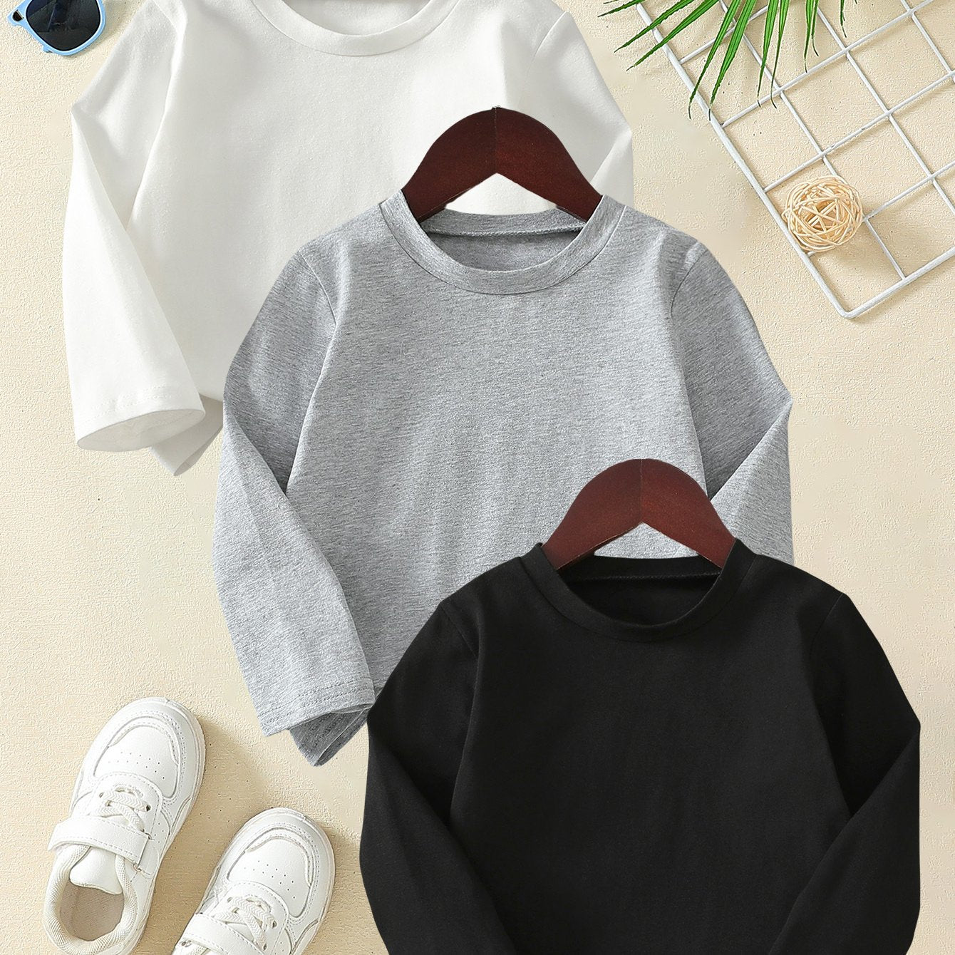 Kids’ 3PCS Cotton Long Sleeve Tops – Casual Spring/Autumn Outfit, Round Neck