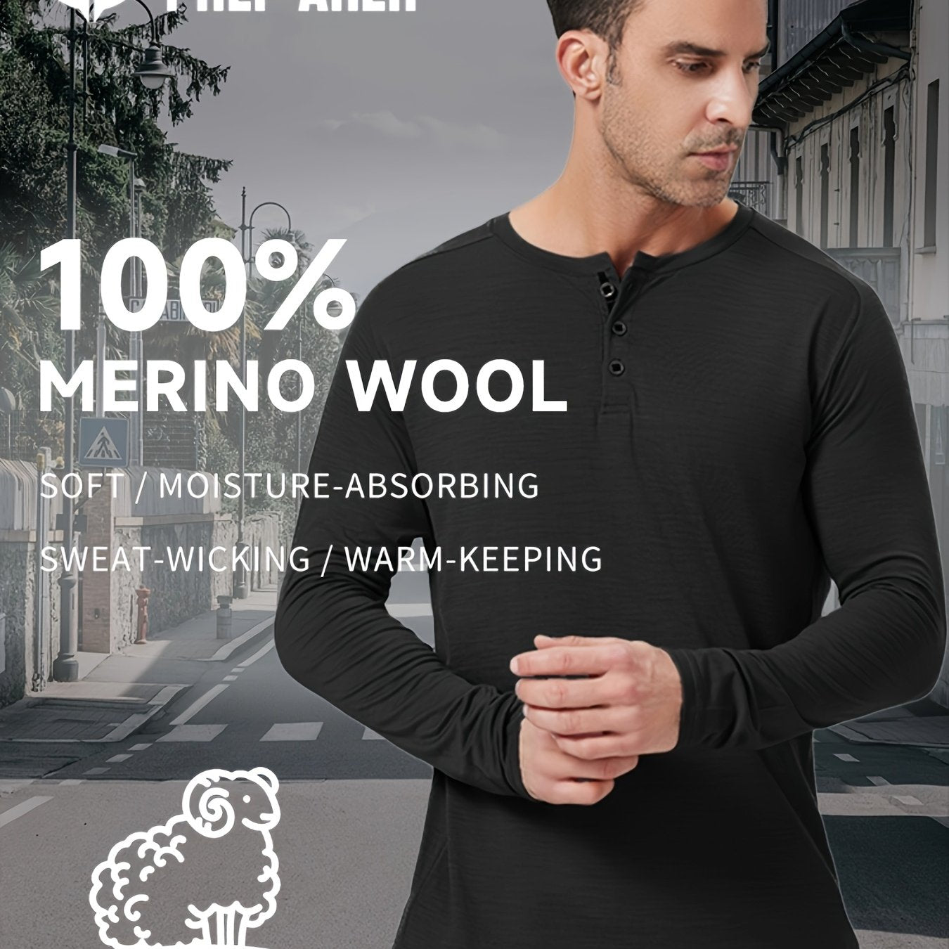 Men's Merino Wool Quick-Dry Long-Sleeve Henley Thermal Base Layer – Autumn/Winter Skiing Essential