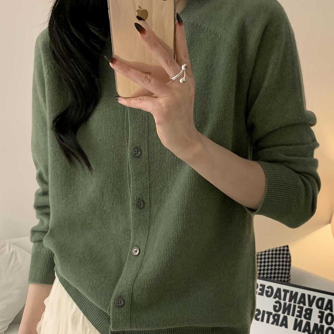 Women’s 100% Wool Cardigan – Round Neck Long Sleeve Button-Up Sweater, All-Season Casual Wear