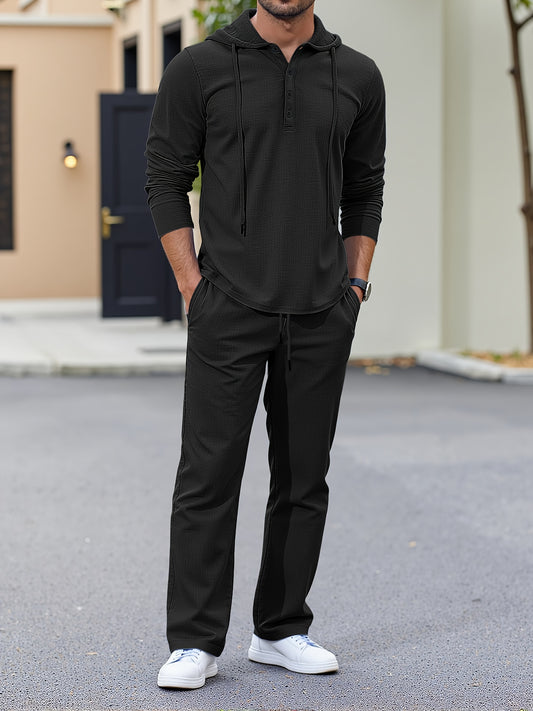 Men’s Summer Linen 2pcs Set – Hooded Long Sleeve Shirt & Drawstring Pants