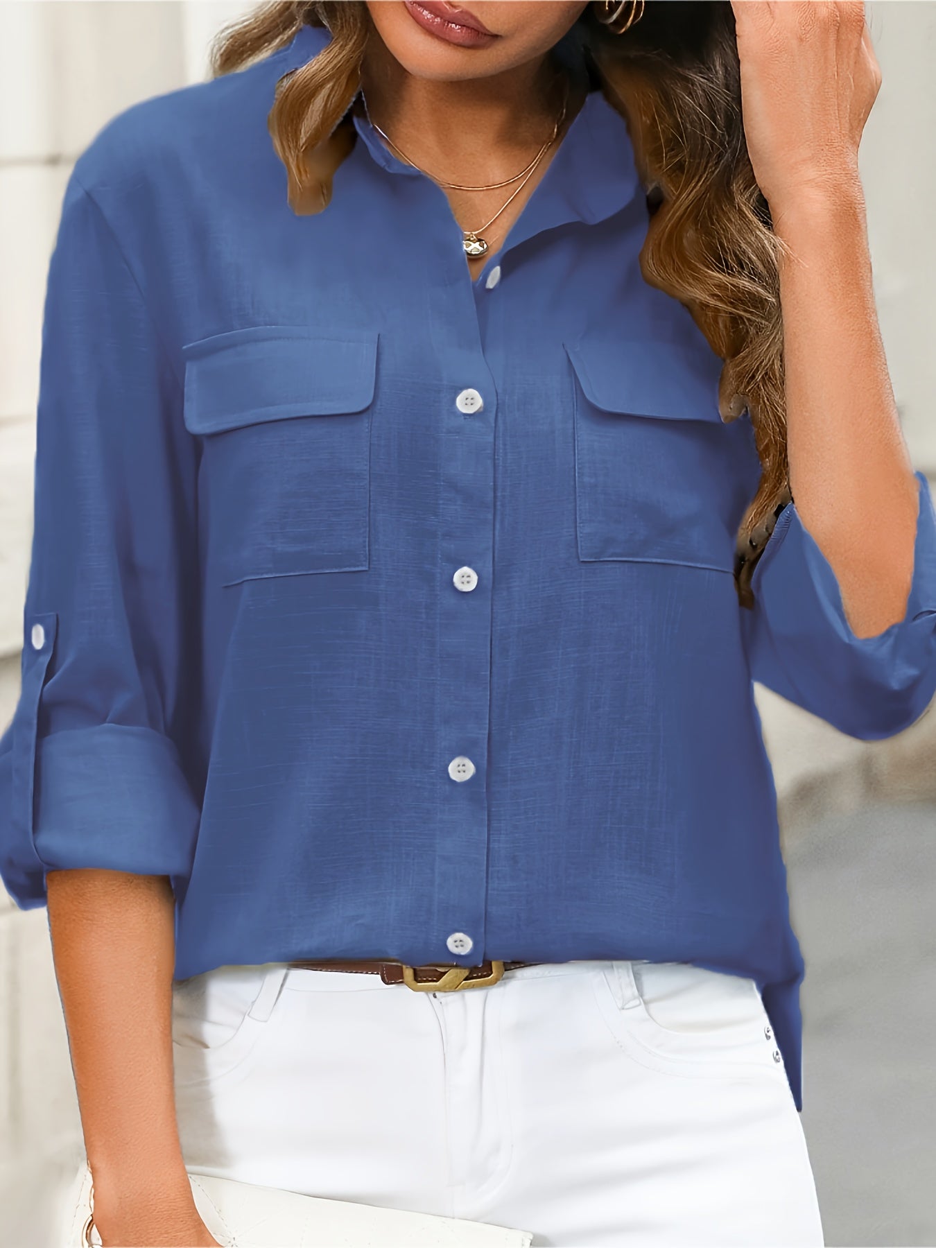 Women’s Long Sleeve Button-Up Blouse – Elegant Office & Casual Shirt with Classic Collar