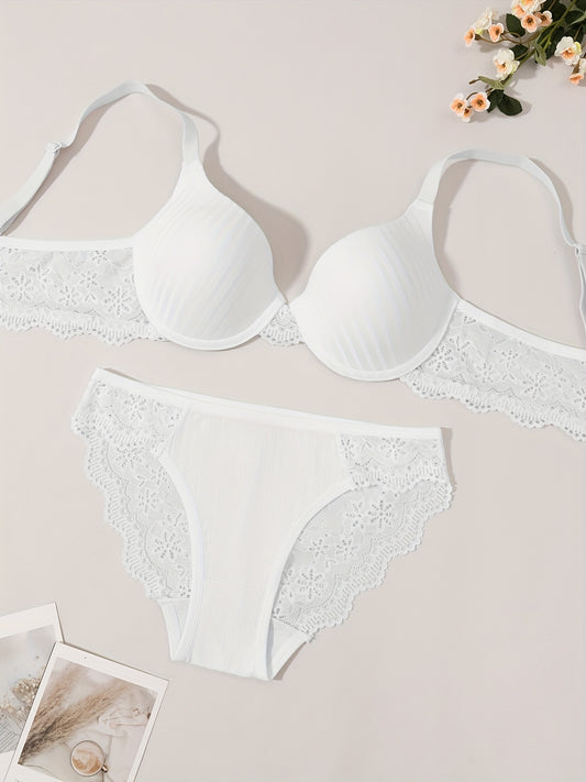 Women’s Bra & Panty Set – Push-Up Lingerie with Lace Trim, Sexy & Elegant Date Outfit