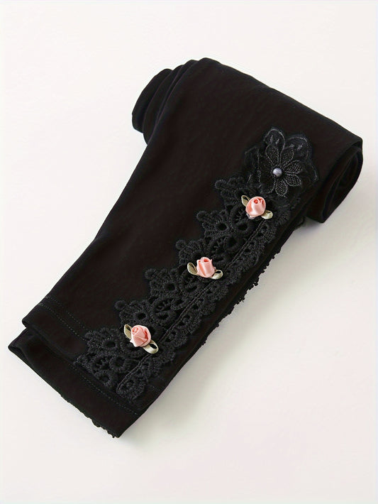 Girls' Stretchy Leggings with Floral Embroidery – Elastic Waist, Cuffed Ankles, Casual Spring/Fall Outfit