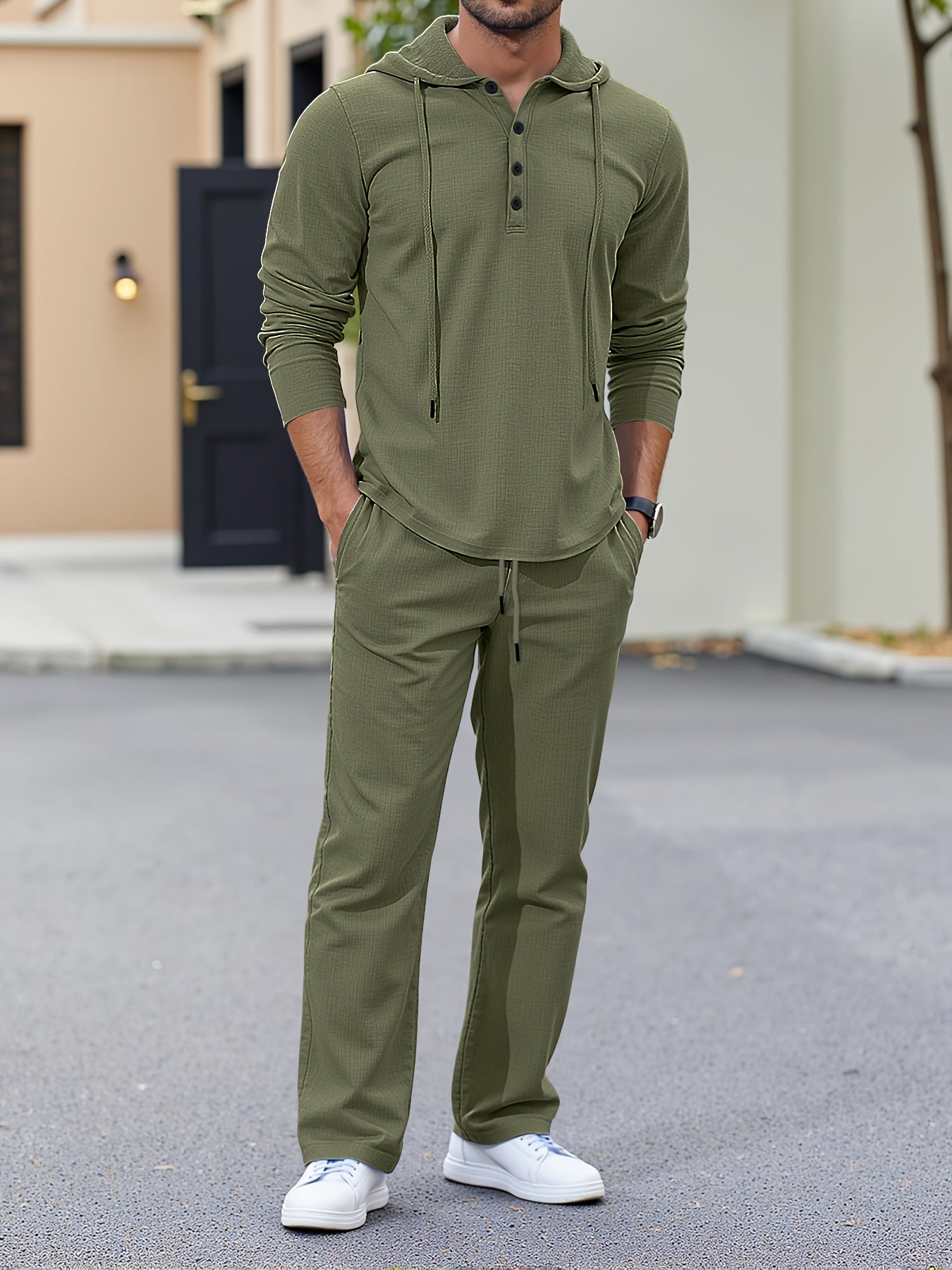 Men’s Summer Linen 2pcs Set – Hooded Long Sleeve Shirt & Drawstring Pants