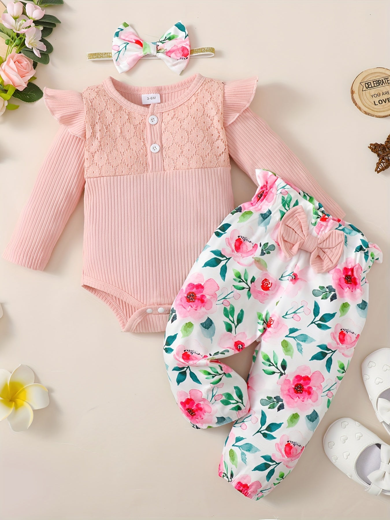 Girls’ 3PCS Outfit – Long Sleeve Top, Floral Pants & Headband Set for Outdoor