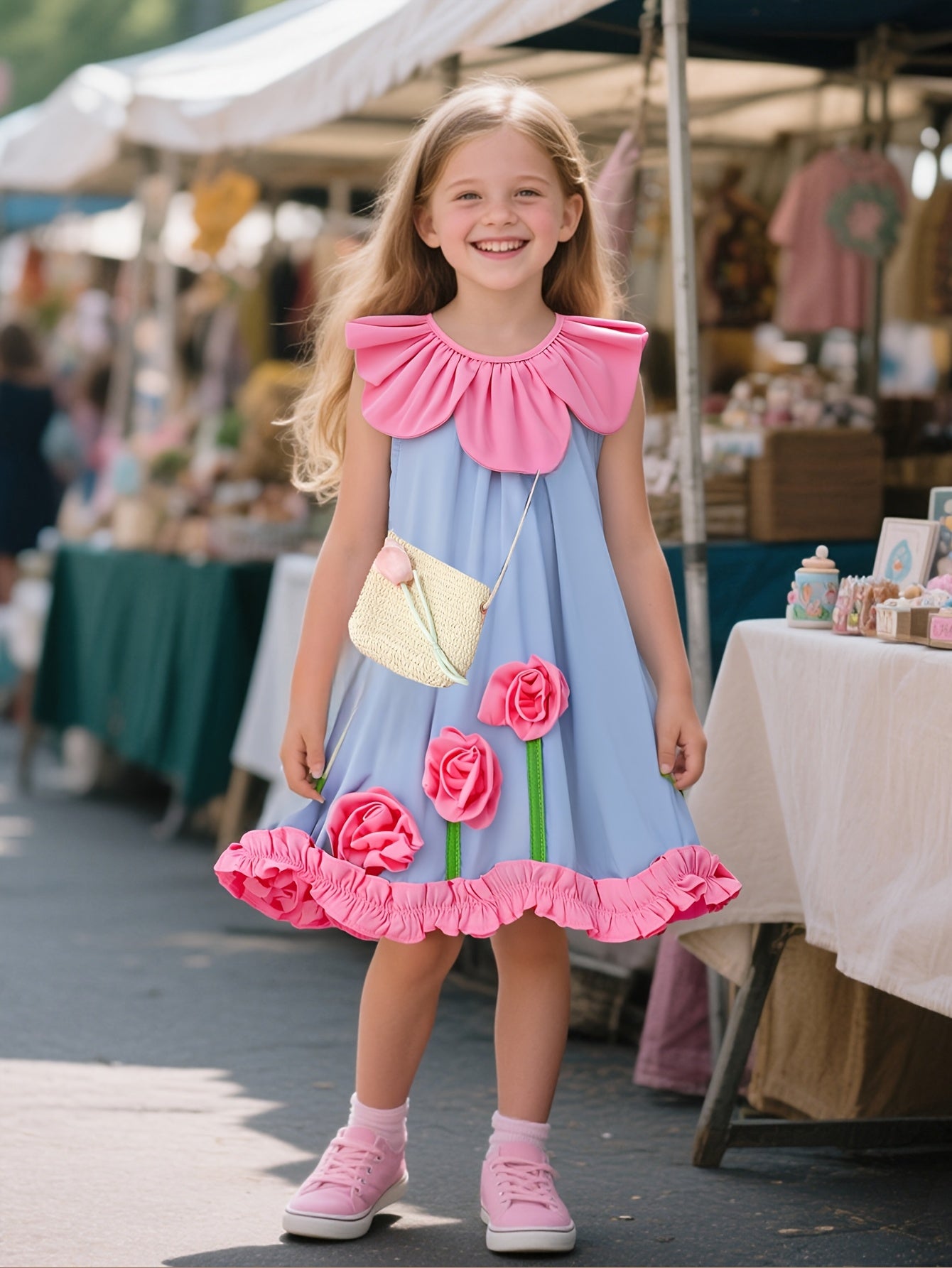 🌸 Girls’ Floral Dress – Light Blue & Pink Party Outfit