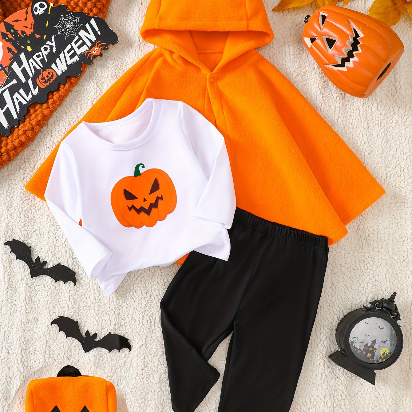 🎃 3pcs Halloween Outfit – Fleece Pumpkin Cape Set for Kids
