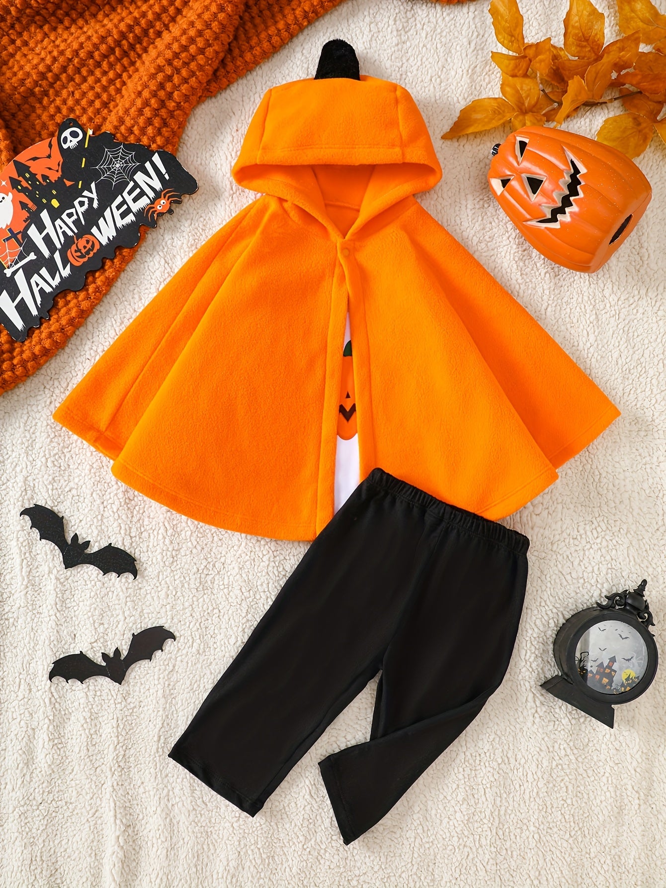 🎃 3pcs Halloween Outfit – Fleece Pumpkin Cape Set for Kids
