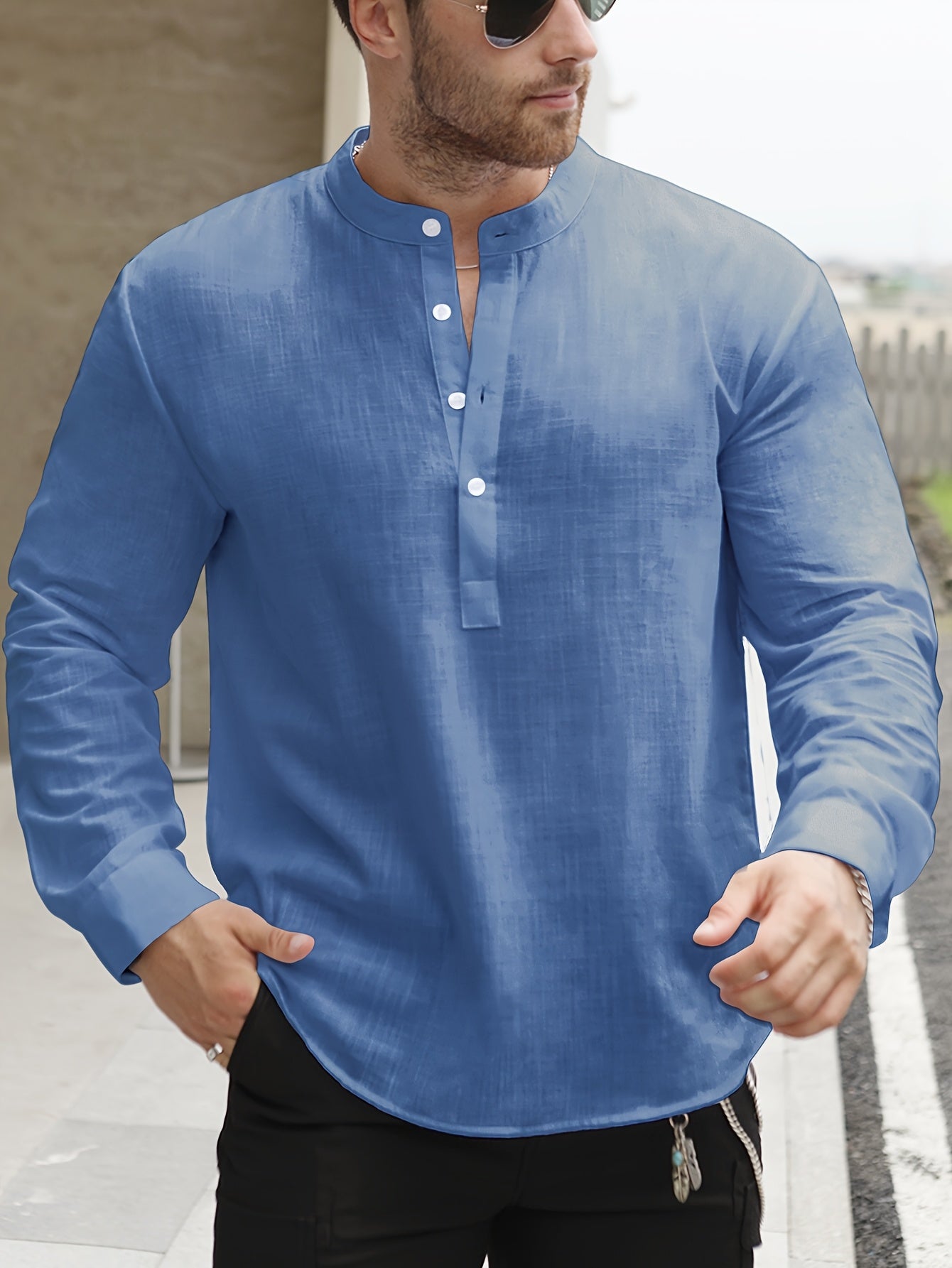 Lightweight Men’s Retro Shirt – Stand Collar Half-Sleeve, Solid Color with Bamboo Pattern