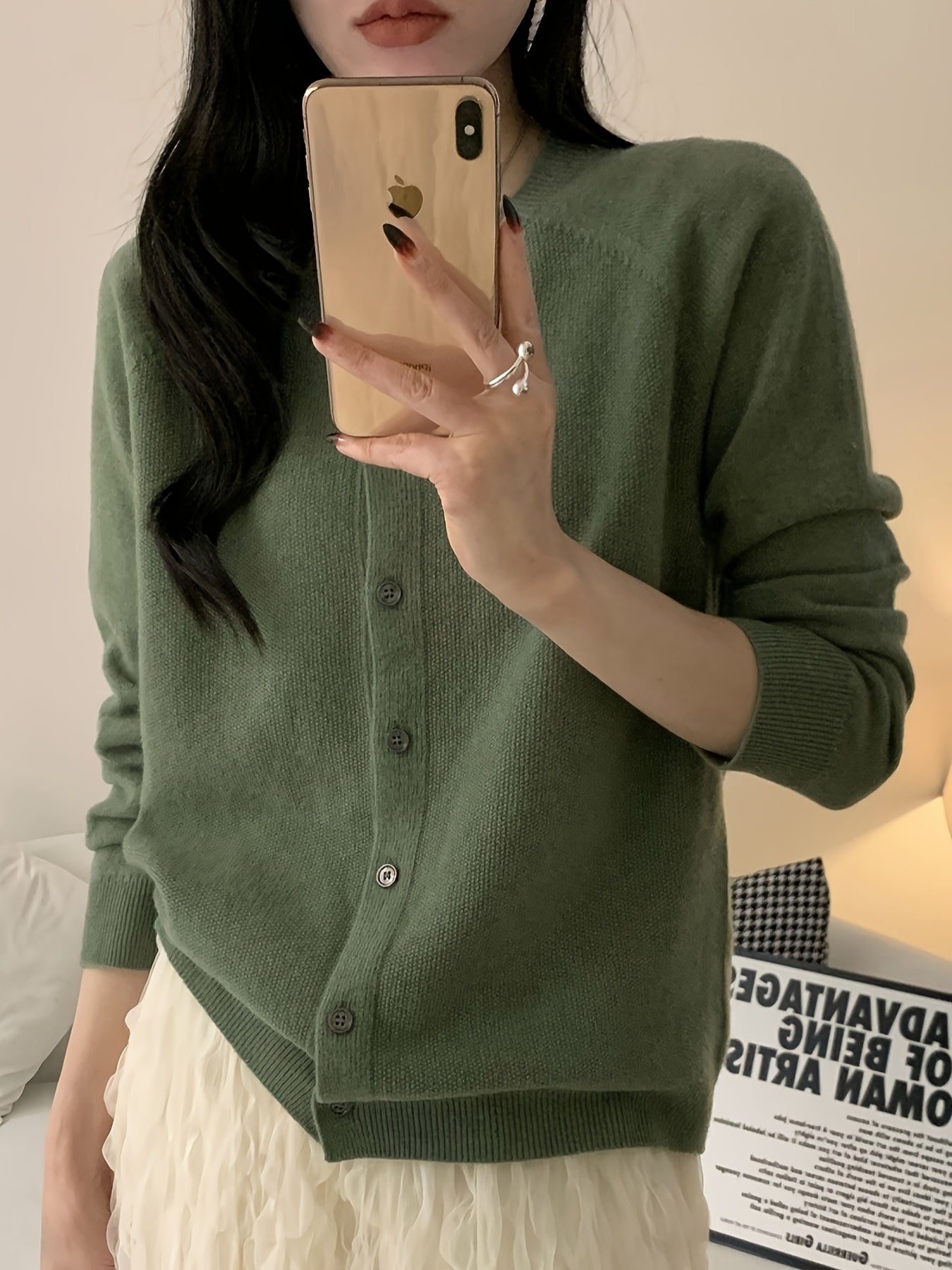 Women’s 100% Wool Cardigan – Round Neck Long Sleeve Button-Up Sweater, All-Season Casual Wear