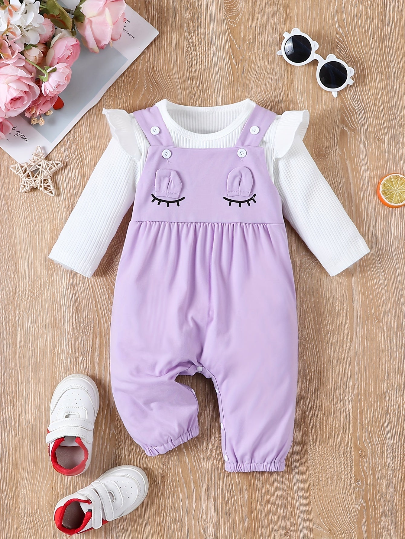 Girls' Two-Piece Suspender Bodysuit Set – Cute Triangle Design with 3D Ears, Autumn/Winter Outfit