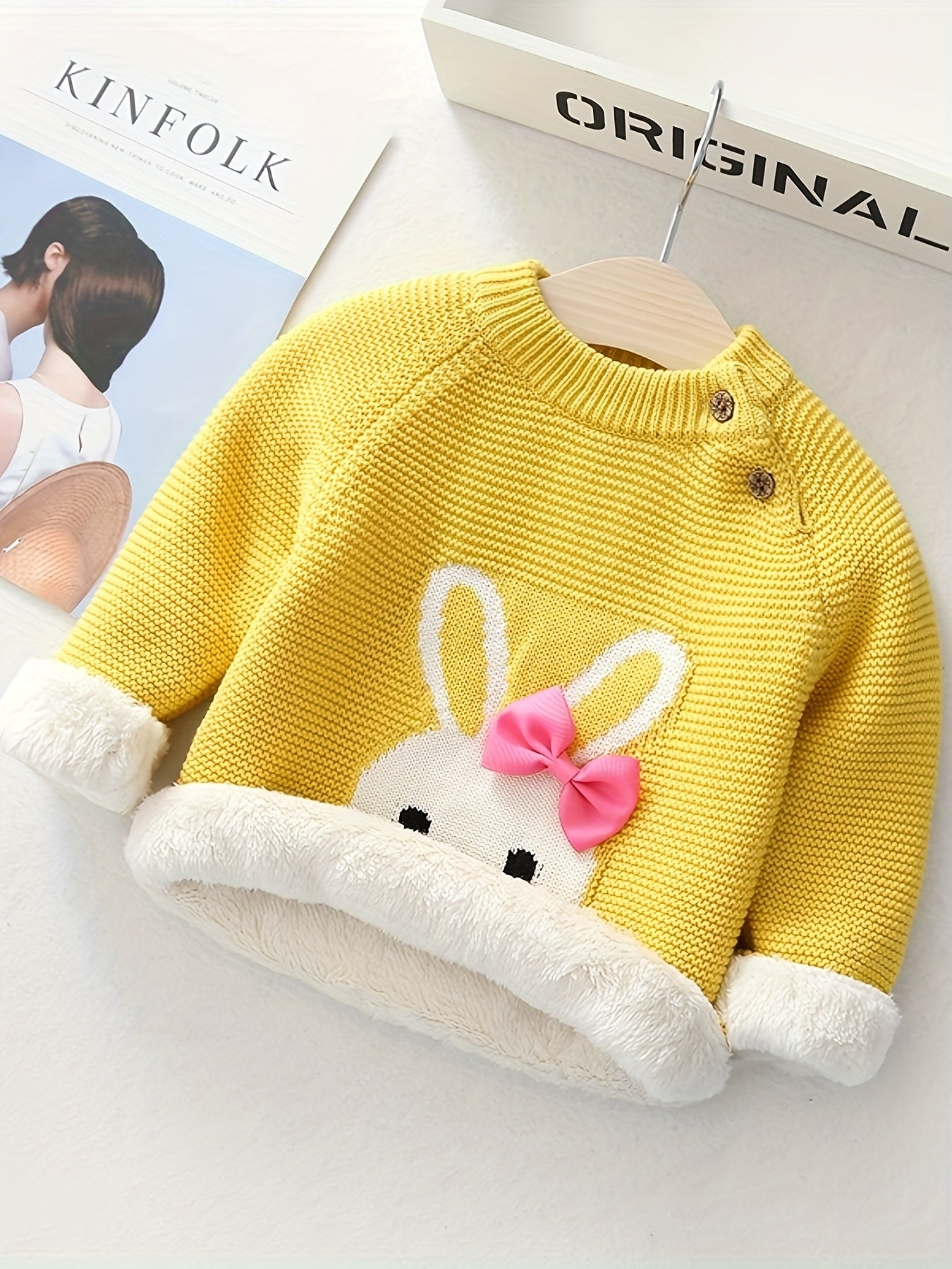 🐰 Girls’ Bunny Bow Sweater – Cozy Fleece Winter Pullover