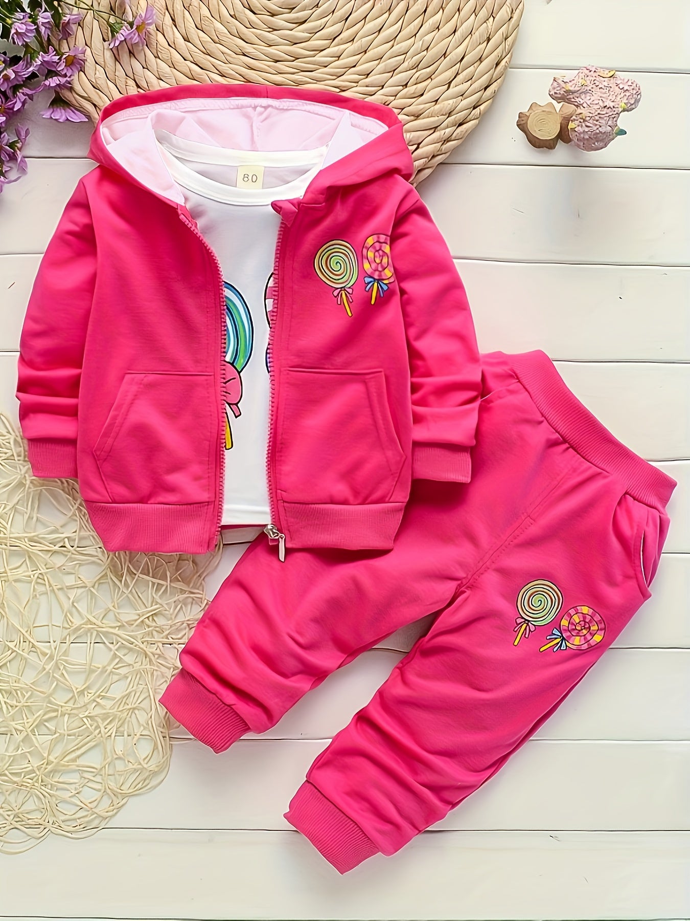 Girls’ 3PCS Long-Sleeve Outfit – Lollipop Print Hooded Sweatshirt Set for Spring/Autumn