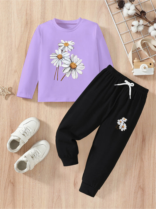 Girls’ 2PCS Outfit – Floral Print Long Sleeve Tee & Joggers, Comfy Fall/Winter Wear