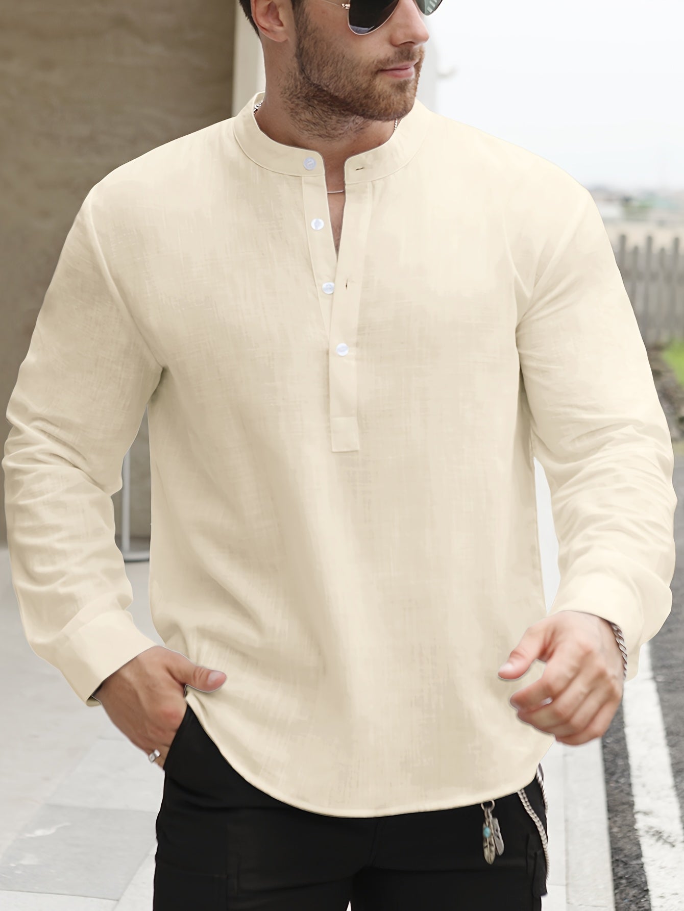 Lightweight Men’s Retro Shirt – Stand Collar Half-Sleeve, Solid Color with Bamboo Pattern