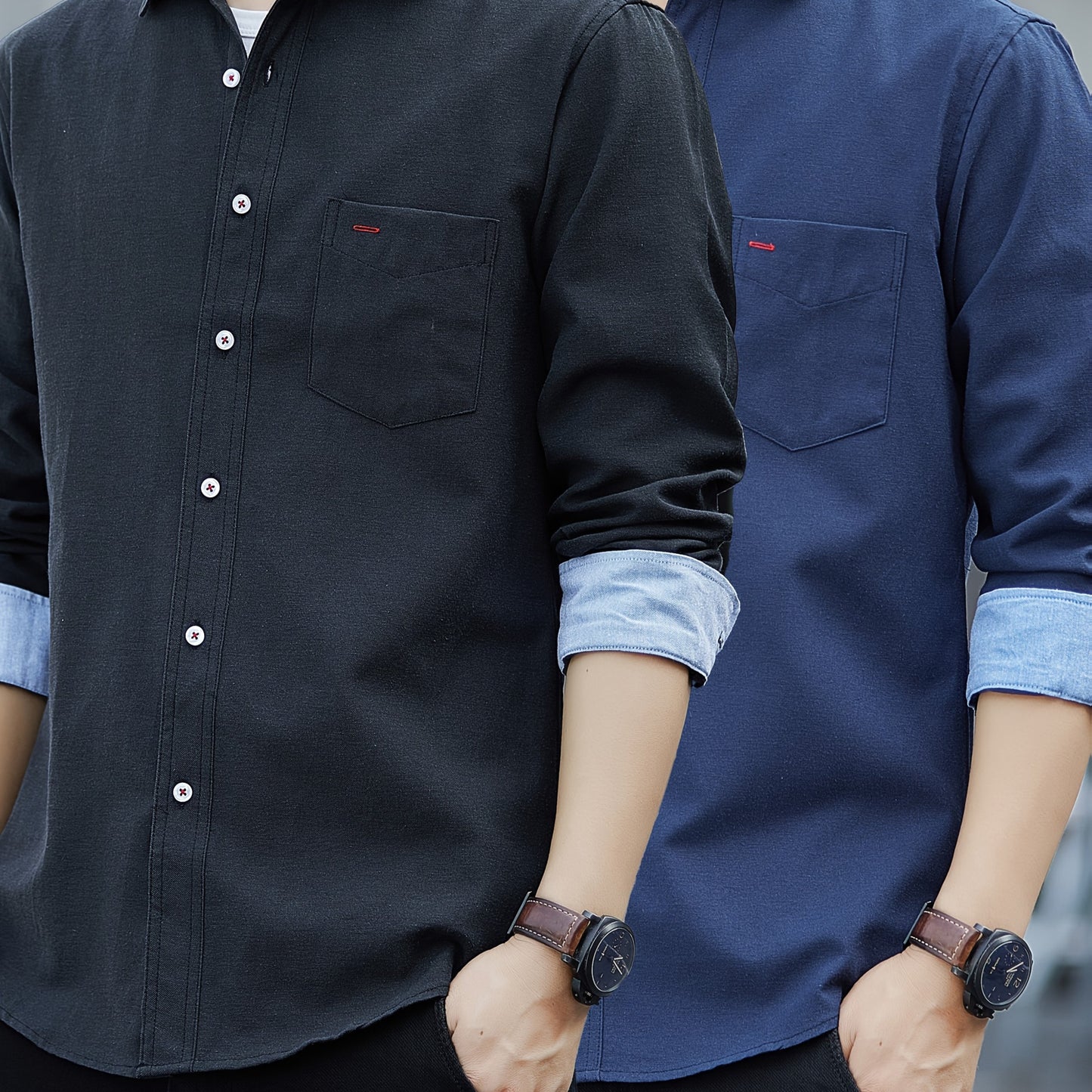 Men's Casual Button-Up Shirt with Contrast Cuffs & Chest Pocket – Embroidered Long Sleeve 2pcs Set, All-Season Wear