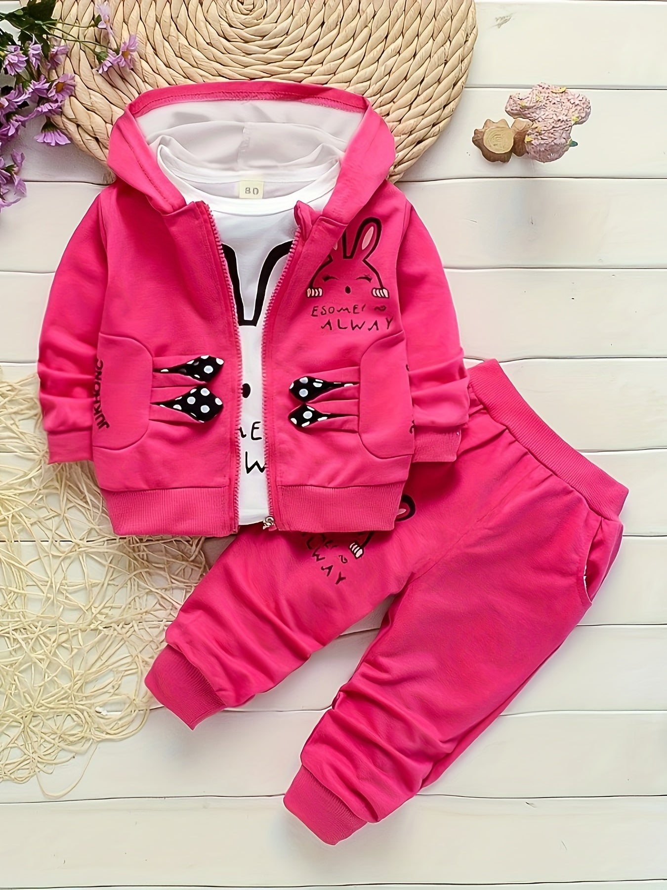 Autumn Girls' Zip-Up Rabbit Cardigan Three-Piece Set – Spring Baby Casual Outfit, Perfect for Outdoor
