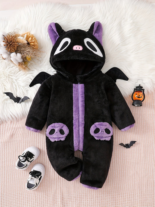 🦇 Baby Bat Plush Jumpsuit – Soft Fleece Hooded Outfit with Skull Pockets