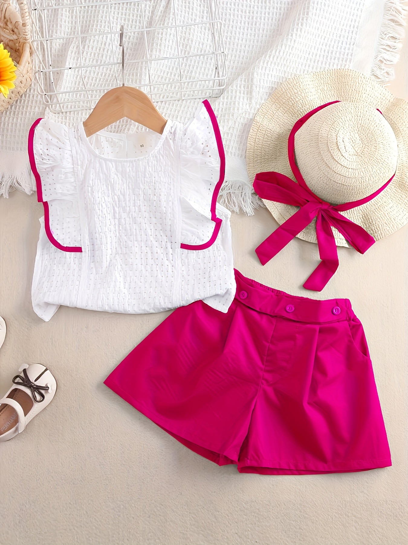 Girls’ Summer 2PCS Outfit – Ruffled Top & Button Shorts with Hat