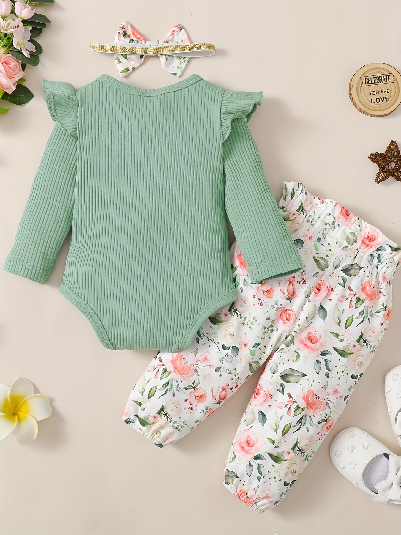 Girls’ 3PCS Outfit – Long Sleeve Top, Floral Pants & Headband Set for Outdoor