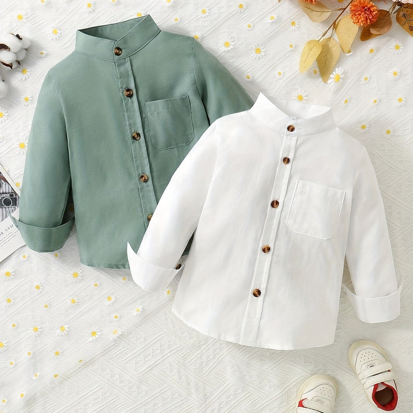 Boys’ 2PCS Stand Collar Long Sleeve Shirt Set – Casual Tops with Pockets