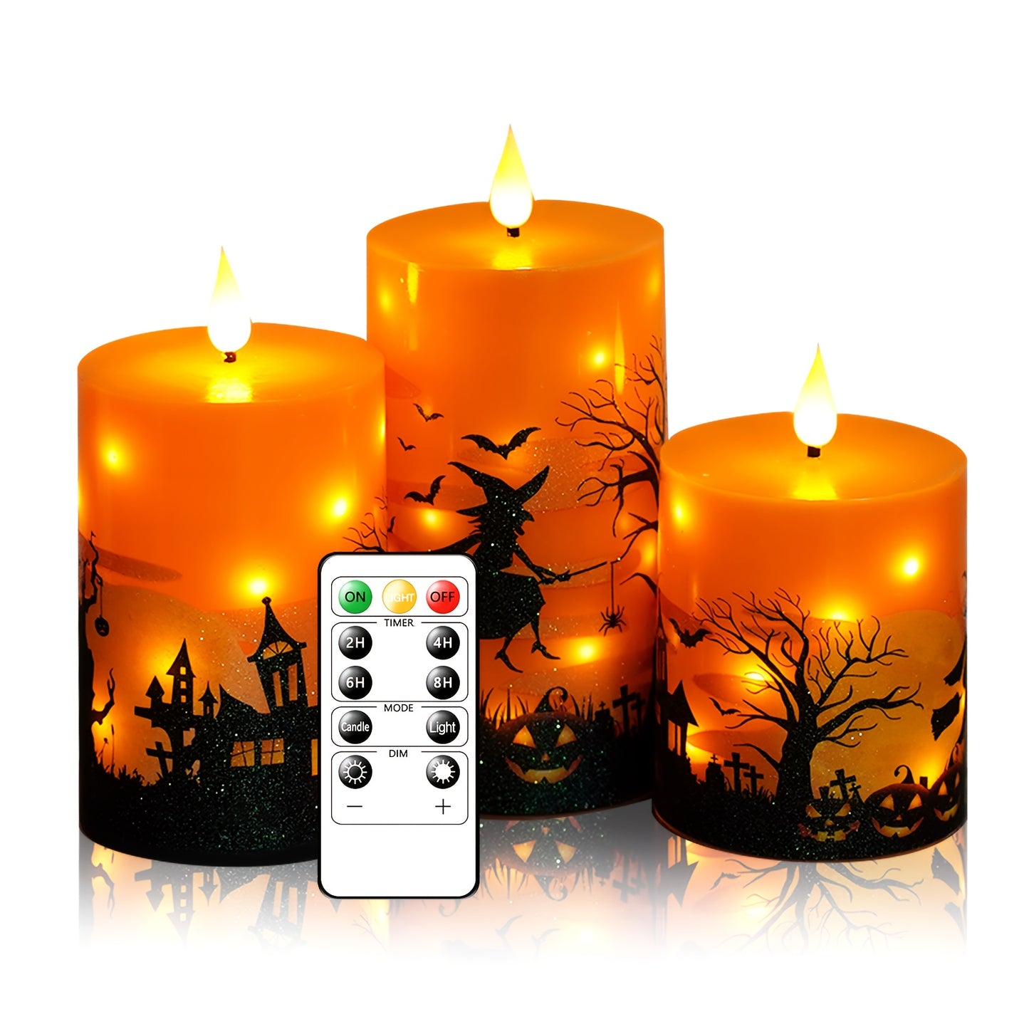 🕯️ 3pcs Halloween Candles – Glittery Witch Hat & Haunted House