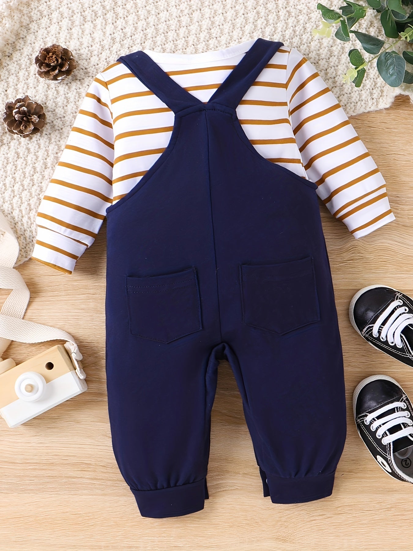 Baby Boy Fall/Winter Romper Set – Long Sleeve Stripe Bodysuit with Adjustable Suspender Pants, 0-18 Months