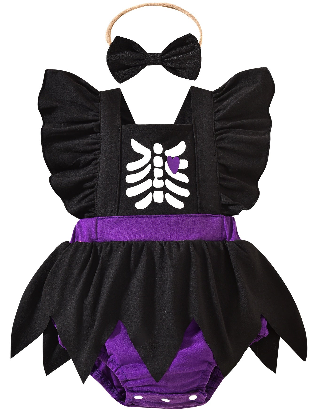 🎃 Girls' Halloween Outfit – Black Printed Bodysuit + Bow Headband | Cozy Fall/Winter Wear