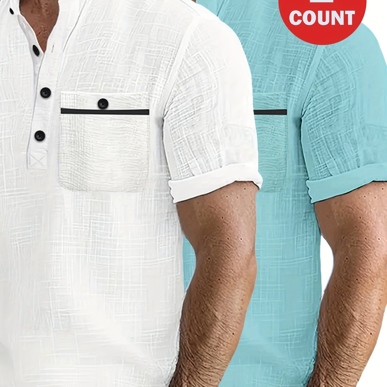 Men's 2pcs 100% Cotton Casual Set – Lightweight Moisture-Wicking Short Sleeve Shirt with Round Neck, Button & Pocket Print, Perfect for Summer Vacation