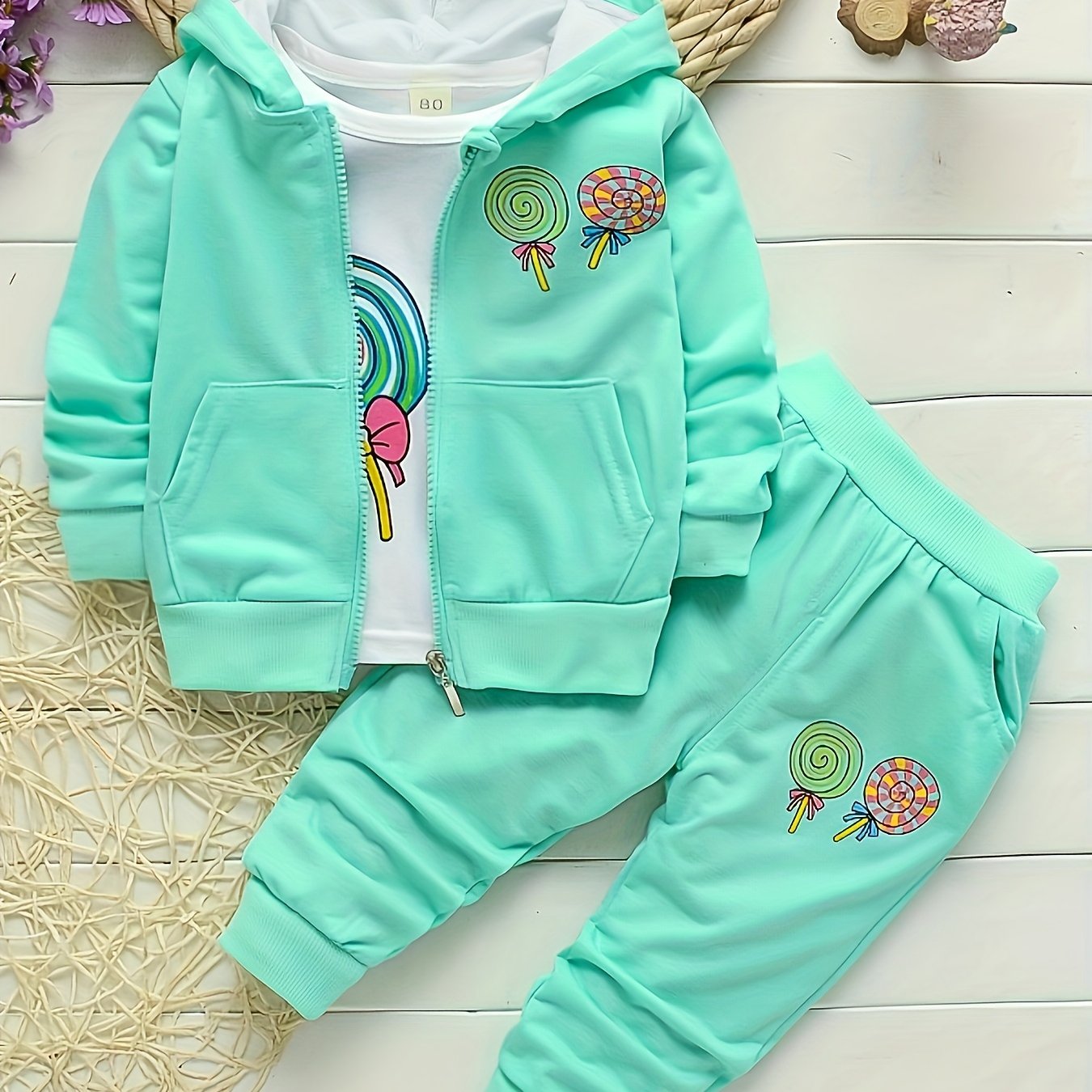 Girls’ 3PCS Long-Sleeve Outfit – Lollipop Print Hooded Sweatshirt Set for Spring/Autumn