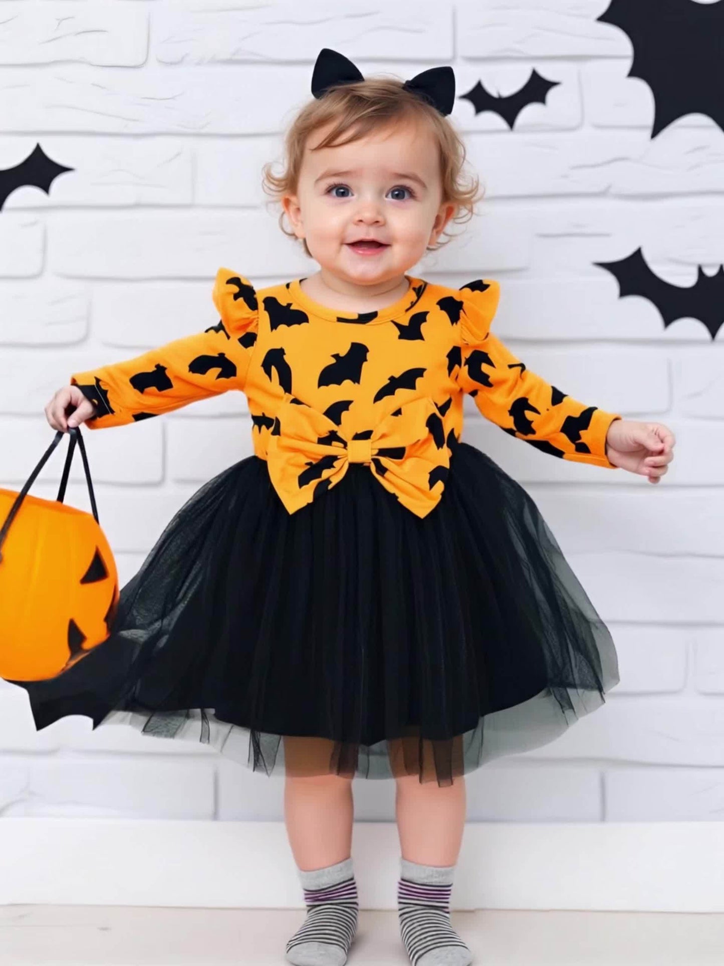 🦇 Girls’ Halloween Bat Dress – Long Sleeve Tulle Skirt