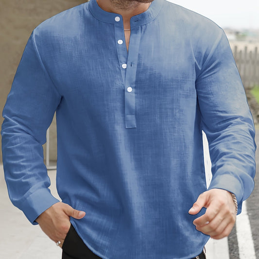 Men's Casual Long Sleeve Henley Shirt – Soft Cotton Blend, Button-Up Collar with Chest Pocket, Solid Color, Perfect for Fall/Winter