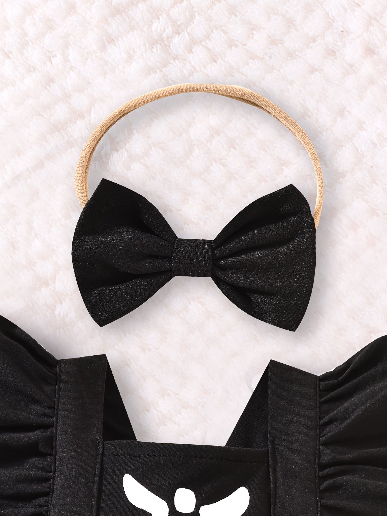 🎃 Girls' Halloween Outfit – Black Printed Bodysuit + Bow Headband | Cozy Fall/Winter Wear