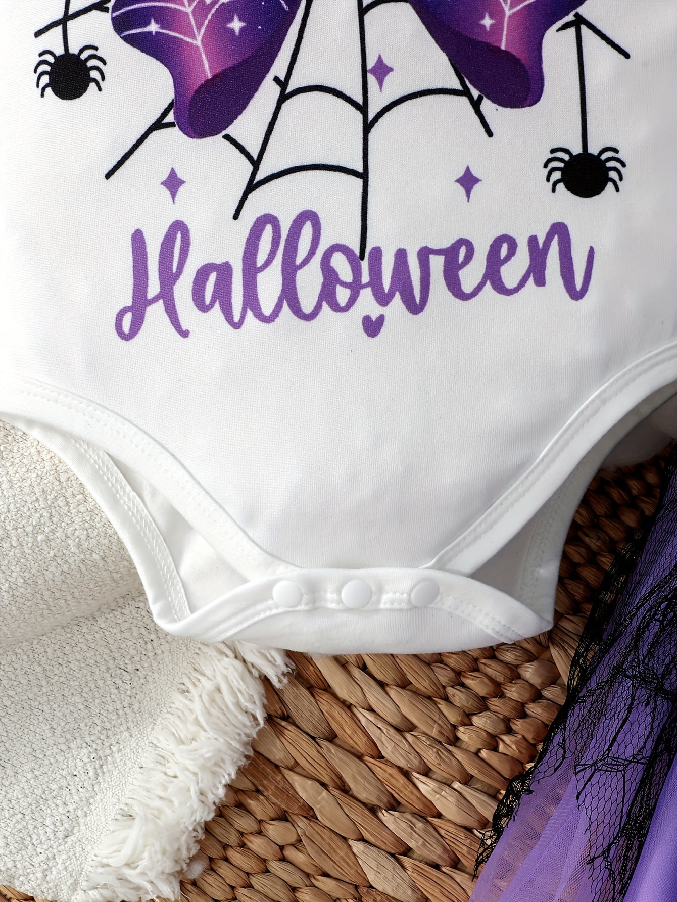 🕷️ Baby Girl Witch Outfit – Spider Bow Bodysuit & Black-Purple Mesh Skirt, Cute Halloween Costume