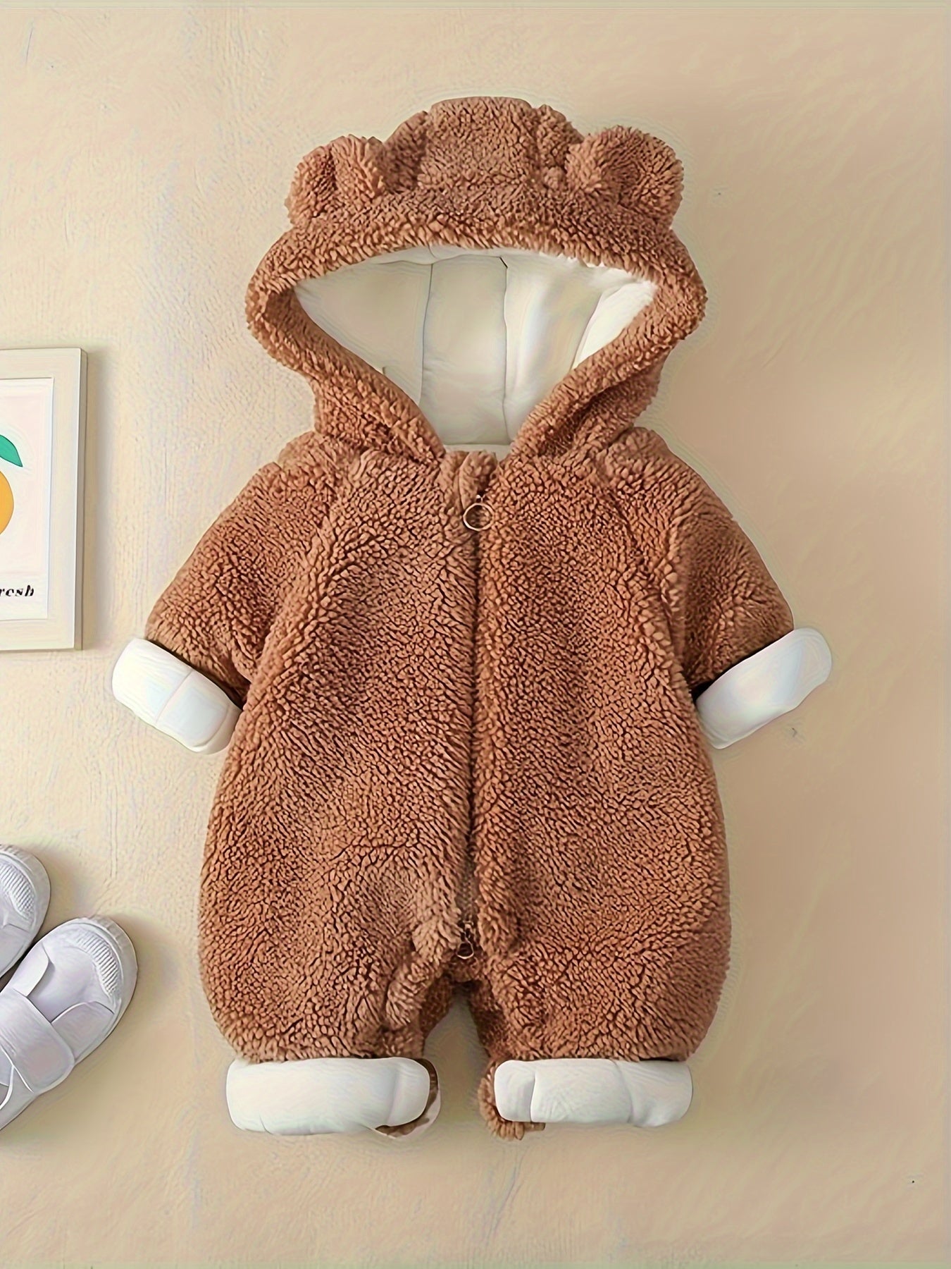 Baby Winter Hooded Jumpsuit – Warm Bear Decor Outfit for Newborn Boys & Girls, Suitable for Indoor & Outdoor Wear