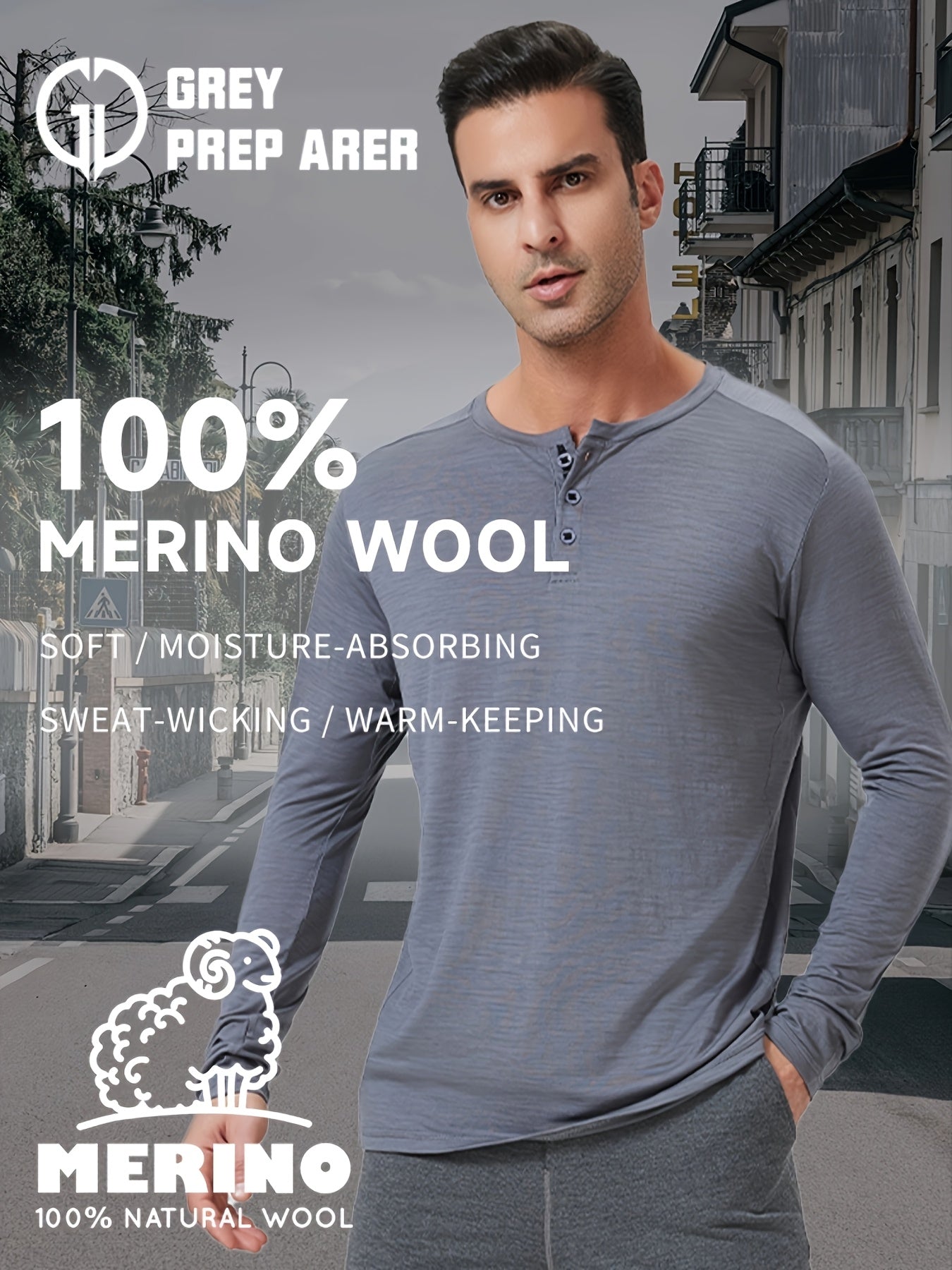 Men's Merino Wool Quick-Dry Long-Sleeve Henley Thermal Base Layer – Autumn/Winter Skiing Essential