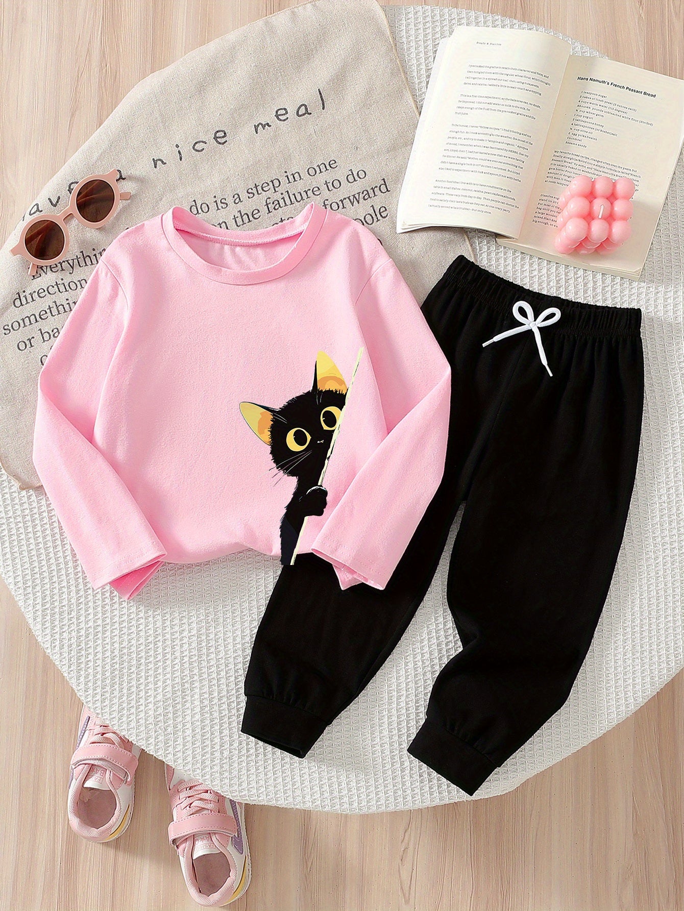 Girls’ 2PCS Outfit – Cat Print Long Sleeve Tee & Wide-Leg Pants, Spring/Fall Casual Wear