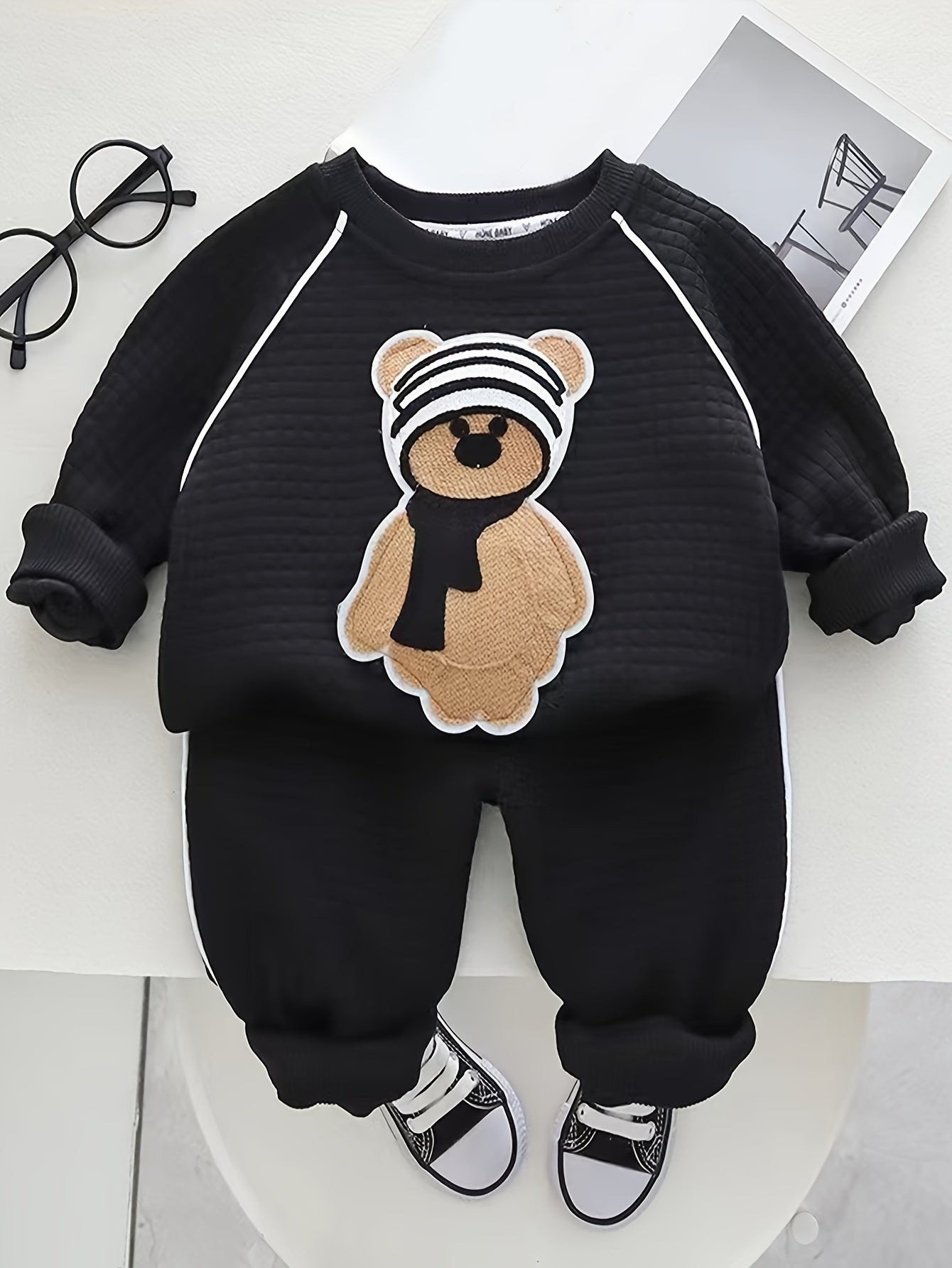 Kids’ 2PCS Autumn Outfit – Bear Sweatshirt & Sweatpants Set, Casual Everyday Wear