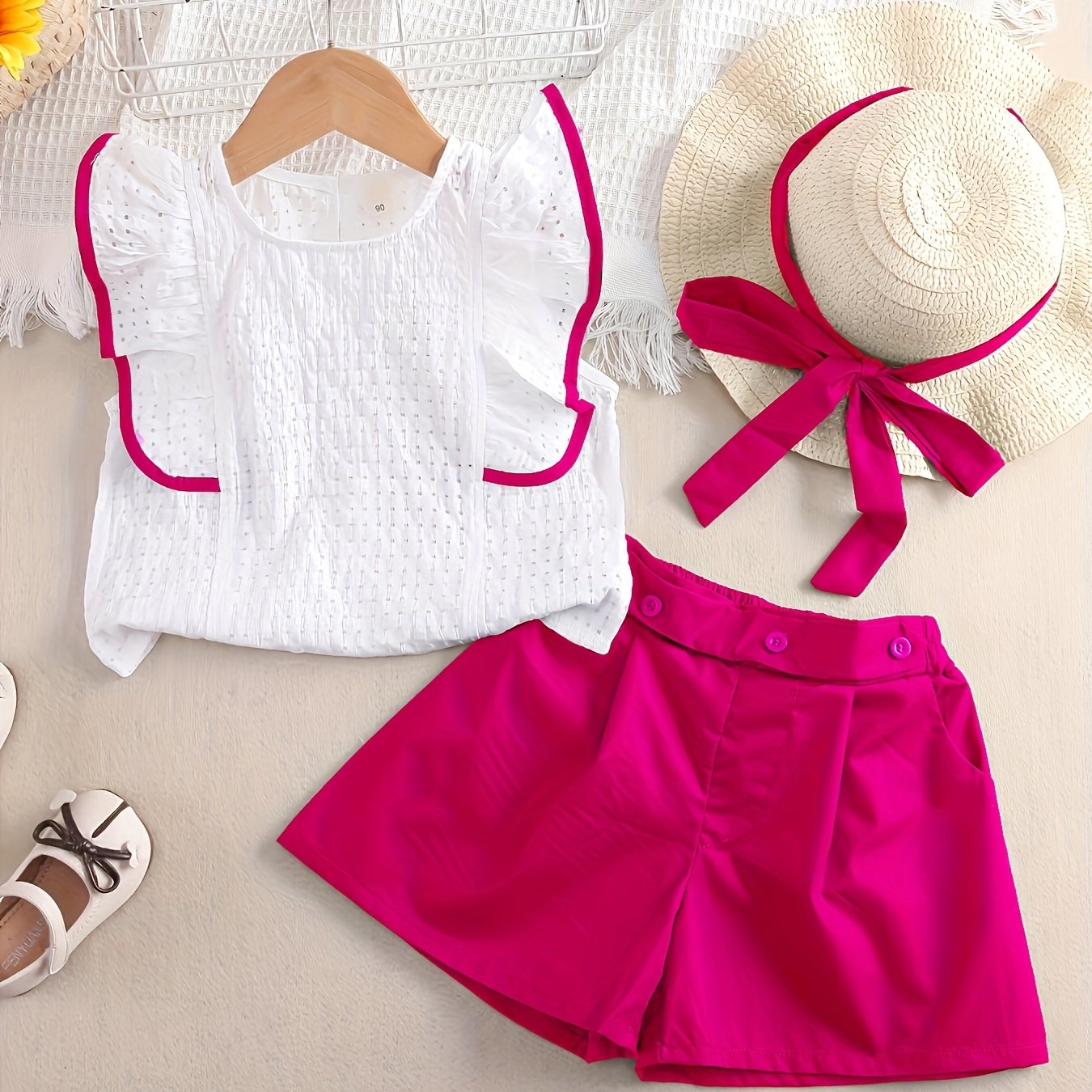 Girls’ Summer 2PCS Outfit – Ruffled Top & Button Shorts with Hat