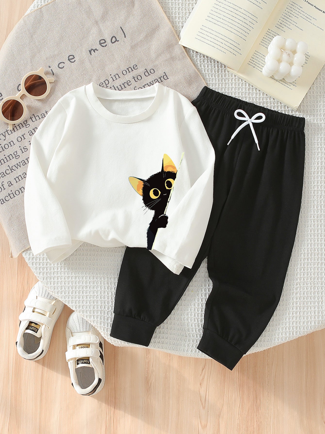 Girls’ 2PCS Outfit – Cat Print Long Sleeve Tee & Wide-Leg Pants, Spring/Fall Casual Wear