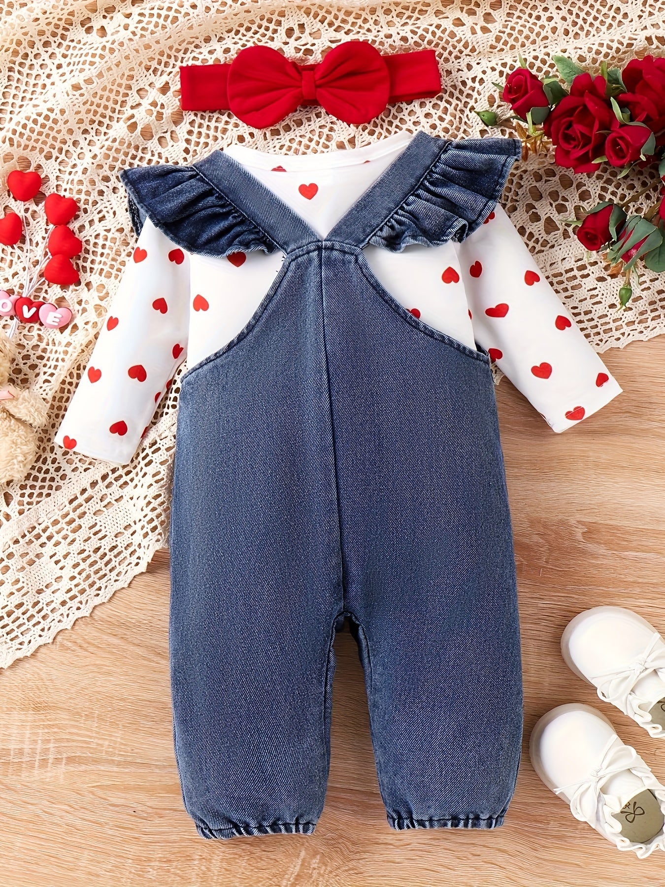 Baby Girl Two-Piece Outfit – Bear Romper & Denim Strap Pants, 0-18 Months