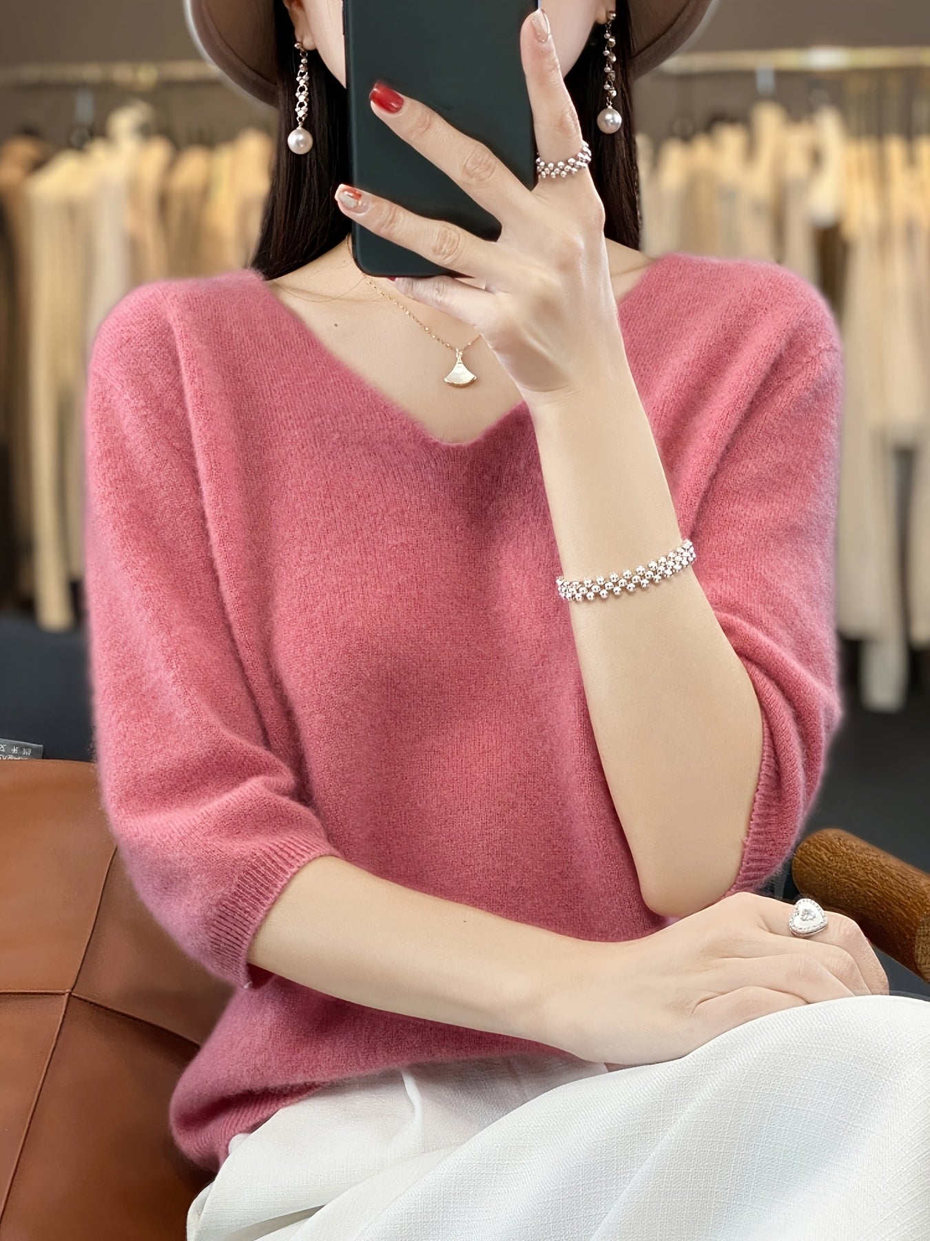 Women’s 100% Wool V-Neck Knit Sweater – Short Sleeve Lightweight Pullover for Casual Layering
