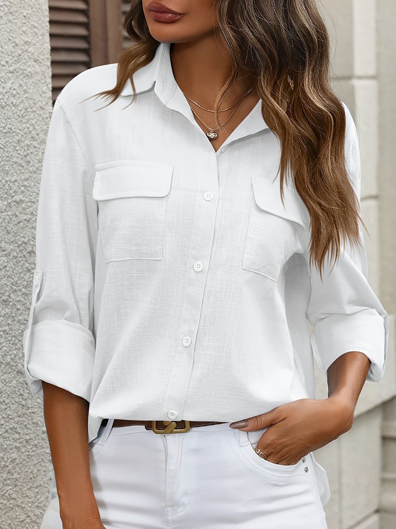 Women’s Long Sleeve Button-Up Blouse – Elegant Office & Casual Shirt with Classic Collar