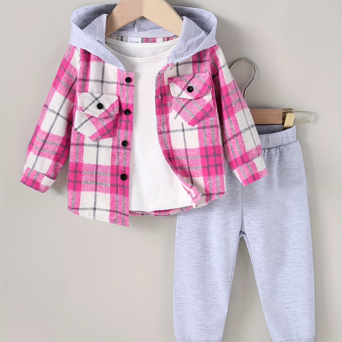 Girls’ 2PCS Outfit – Plaid Hooded Cardigan & Long-Sleeve Shirt with Pants, Cozy All-Season Wear