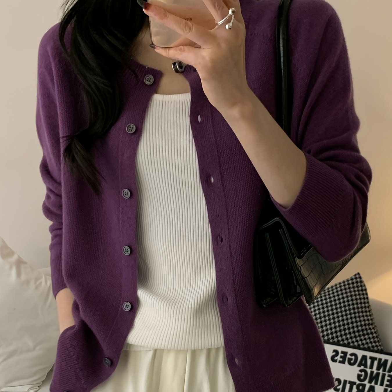 Women’s 100% Wool Cardigan – Round Neck Long Sleeve Button-Up Sweater, All-Season Casual Wear